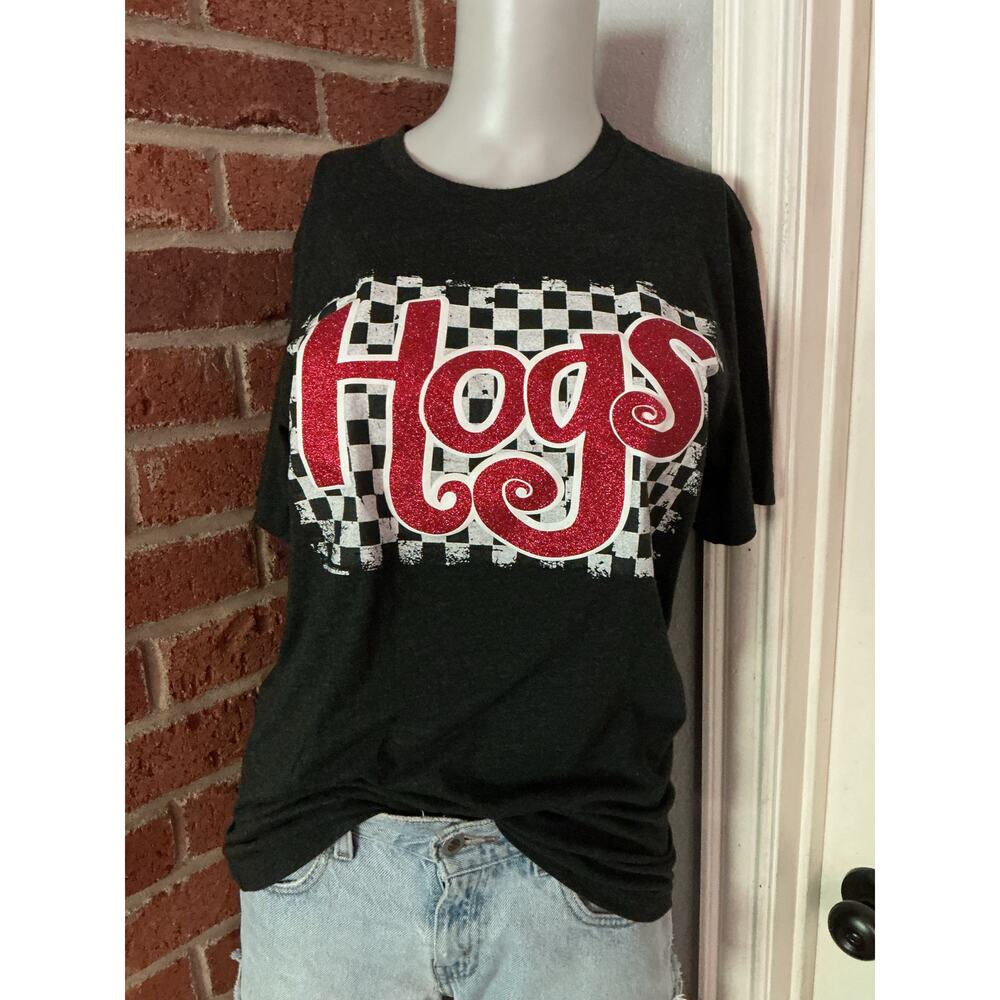 Vintage Style Hogs Graphic Tee Black Glitter Checkerboard Motorcycle Shirt